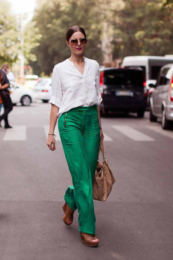 Green Pants with White Blouse